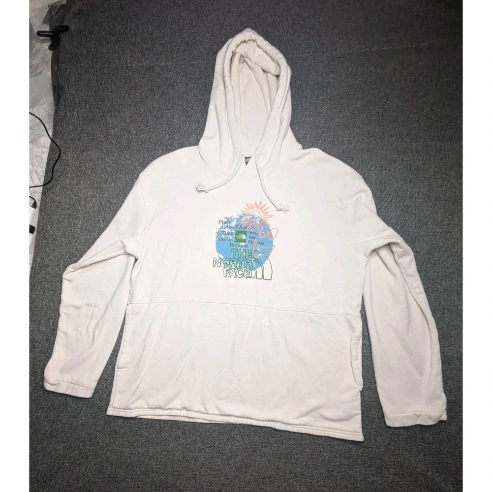 The North Face Hoodie Mens Large White Earth Logo Pullover Sweatshirt Outdoor